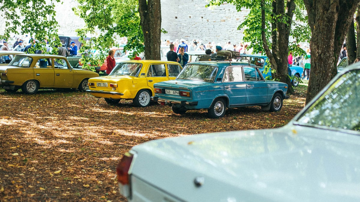 A collection of classic vintage cars on display outdoors at a car show, under lush green trees.